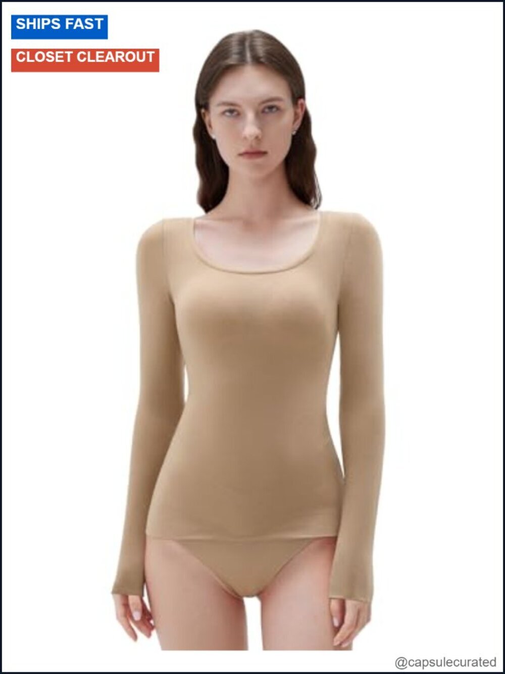 Semi Sheer Cashmere Scoop Neck Long Sleeve Slim Fit T-Shirt